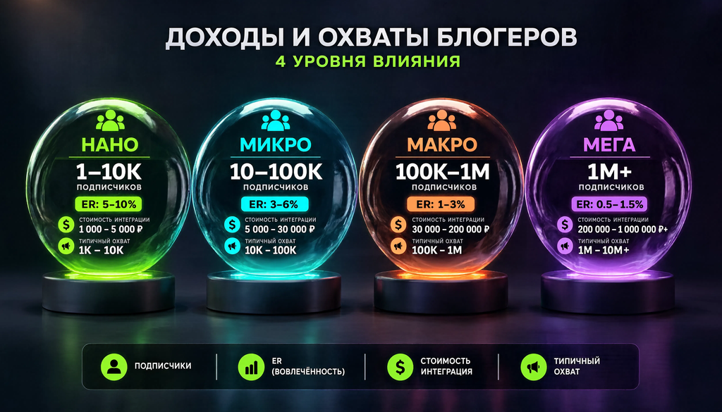 Инфографика сравнения доходов и охватов блогеров разного уровня: нано (1-10K), микро (10-100K), макро (100K-1M), мега (1M+) с диапазоном подписчиков, средним ER, стоимостью интеграции и типичным охватом. Помогает брендам и блогерам оценить реальную стоимость сотрудничества.