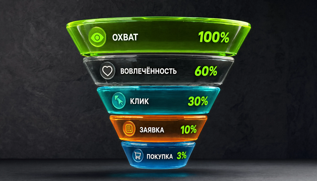 Инфографика воронки конверсии в Instagram с этапами охват, вовлеченность, клик, заявка, покупка и процентами перехода