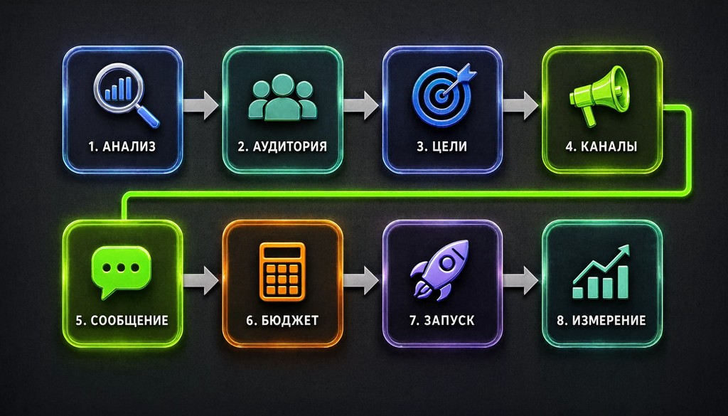 Пошаговая схема разработки рекламной стратегии: анализ, аудитория, цели, каналы, сообщение, бюджет, запуск, измерение. Визуальная дорожная карта процесса.