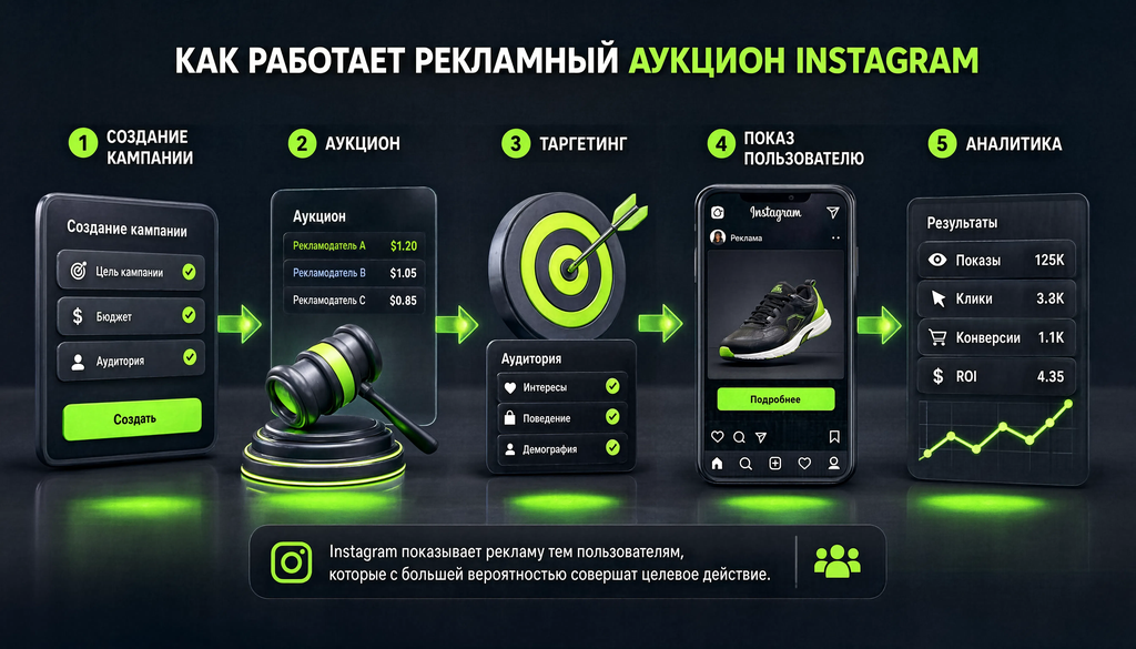 Схема рекламного аукциона Instagram: создание кампании, таргетинг, показ, аналитика