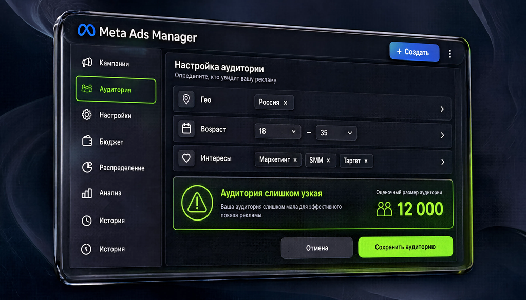 Интерфейс настройки аудитории в Meta Ads Manager: поля таргетинга, индикатор размера аудитории и предупреждение о слишком узкой аудитории для новичков