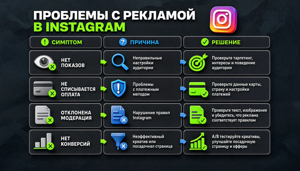 Таблица симптомов, причин и решений для основных проблем с рекламой в Instagram: нет показов, не списывается оплата, отклонена модерация, нет конверсий.