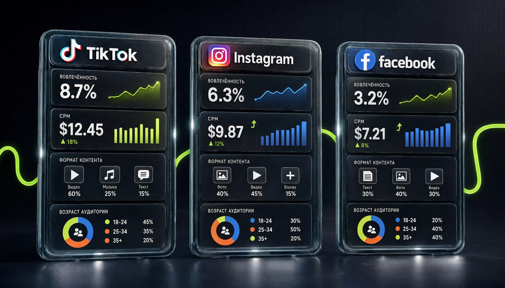 Сравнение TikTok, Instagram и Facebook по вовлеченности, среднему CPM, формату контента и возрастной структуре аудитории для выбора платформы