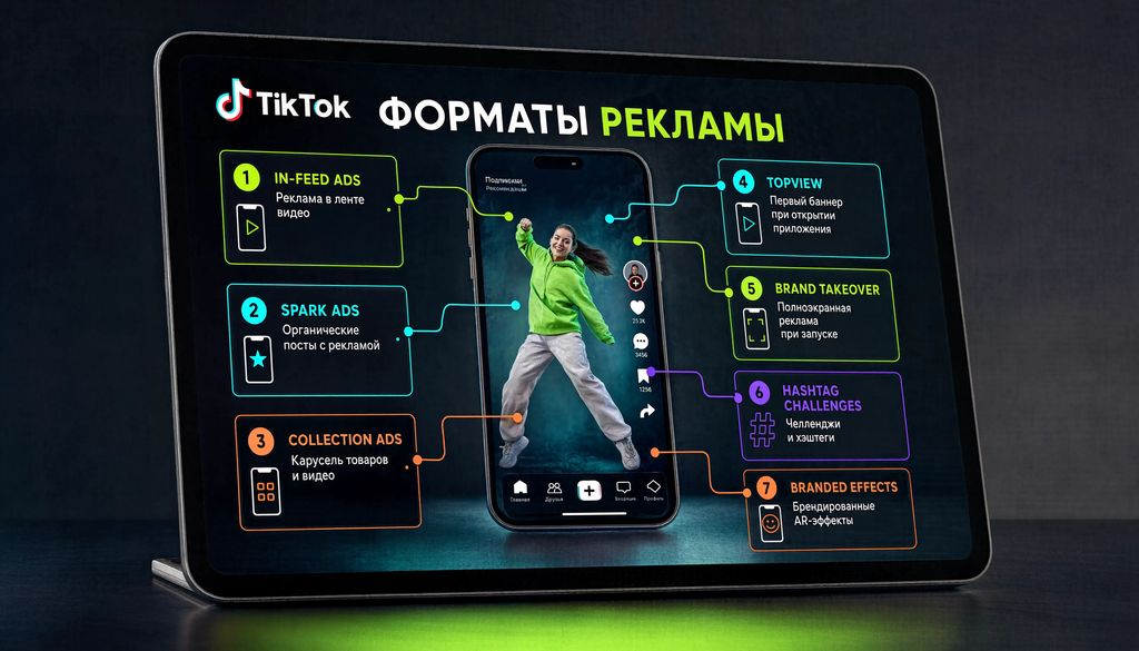 Инфографика всех форматов рекламы в TikTok: расположение на экране, примерный вид и цель применения