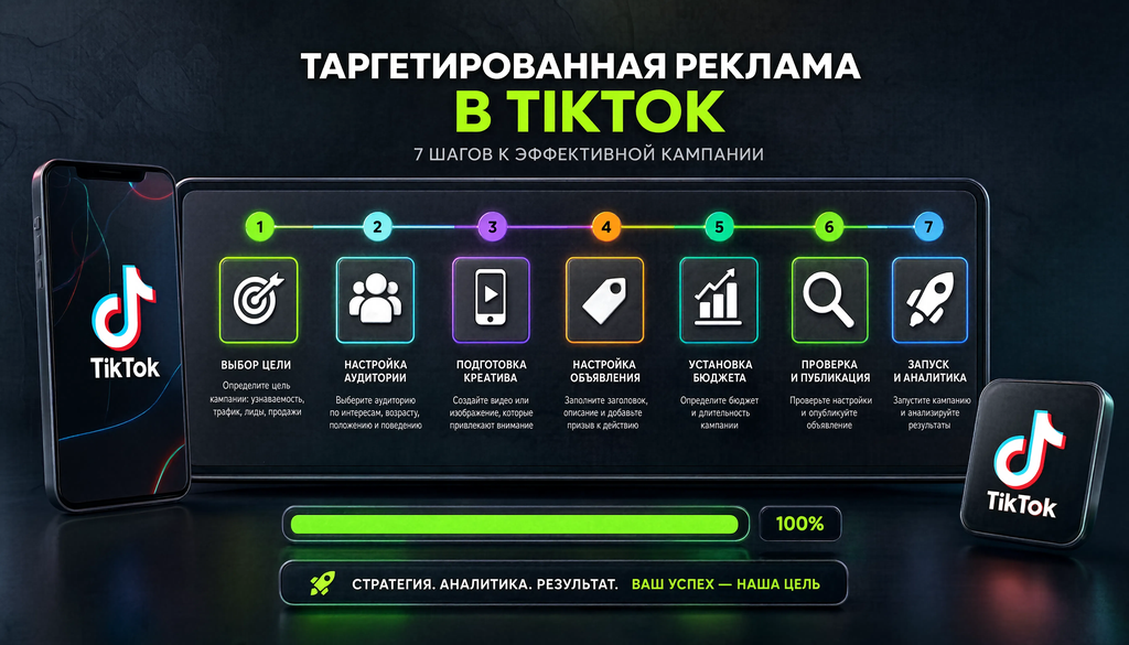 Схема процесса настройки таргетированной рекламы в TikTok: от выбора цели до запуска, 5-7 этапов с ключевыми настройками на каждом шаге
