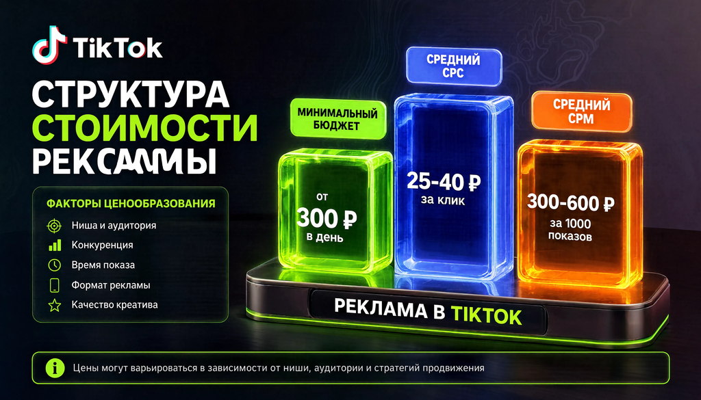 Инфографика структуры стоимости рекламы в TikTok с минимальными бюджетами, средними CPC и CPM
