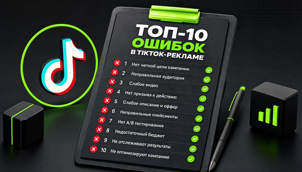 Топ-10 ошибок в TikTok-рекламе с визуальными маркерами: красный - ошибка, зеленый - правильно, практический чек-лист