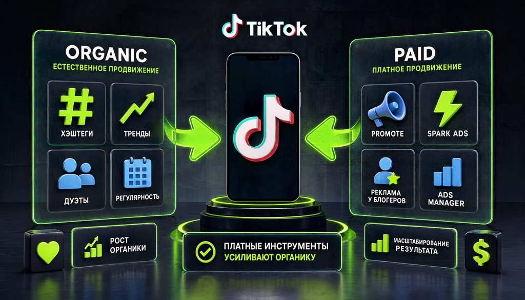 Infographic comparing organic and paid promotion strategies on TikTok, illustrating how paid tools like Promote, Spark Ads, and Ads Manager amplify organic content such as hashtags, trends, and duets.