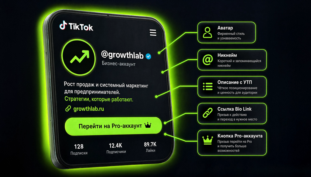 Пример правильно оформленного профиля TikTok бизнес-аккаунта с аватаром, никнеймом, описанием УТП, ссылкой Bio Link и кнопкой Pro-аккаунта