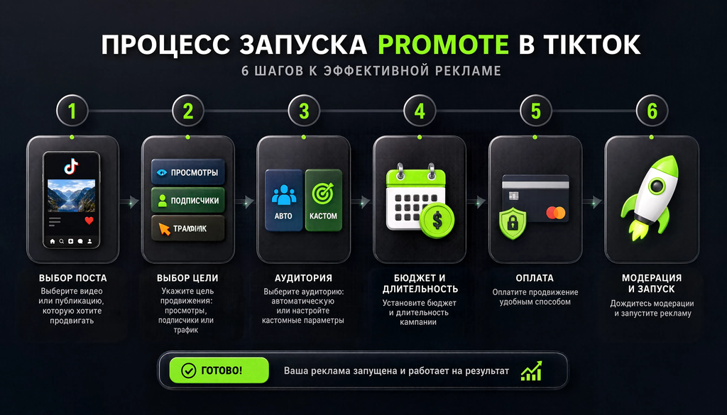 Процесс запуска Promote в TikTok: 6 шагов: выбор поста, цель, аудитория, бюджет, оплата, модерация, запуск