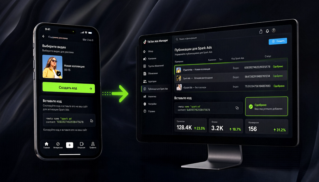 Два этапа настройки Spark Ads: в приложении TikTok и в Ads Manager, статус Одобрено