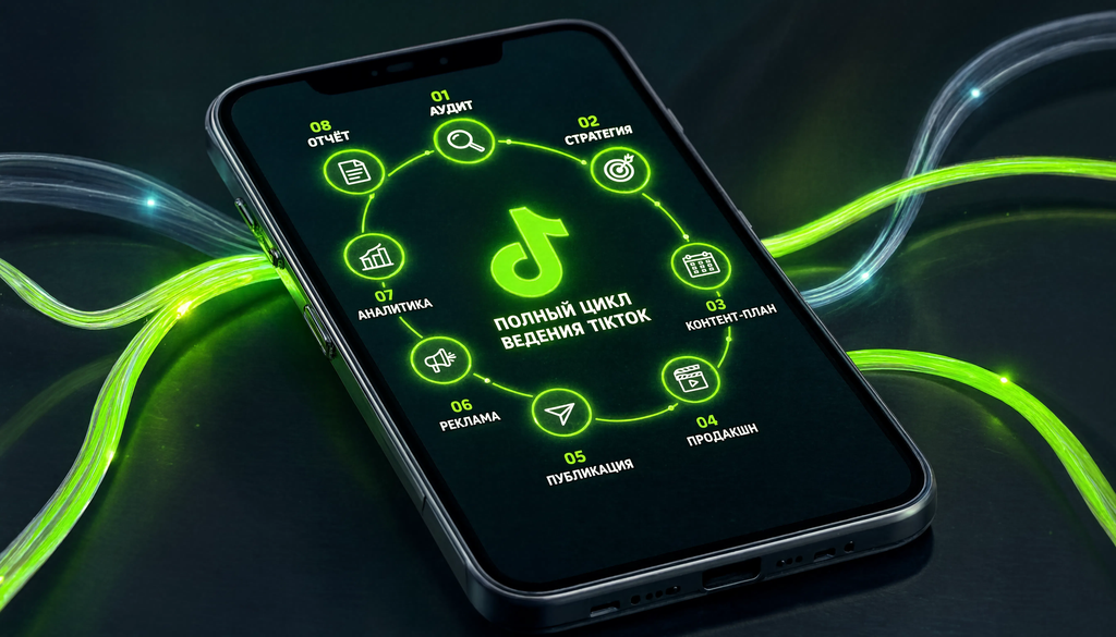 Инфографика: полный цикл ведения TikTok под ключ из 8 этапов: аудит, стратегия, контент-план, продакшн, публикация, реклама, аналитика, отчет.