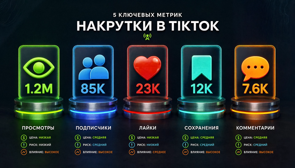 Сравнительная иллюстрация видов накрутки в TikTok: просмотры, подписчики, лайки, сохранения, комментарии с указанием цены, влияния на алгоритм и риска бана.