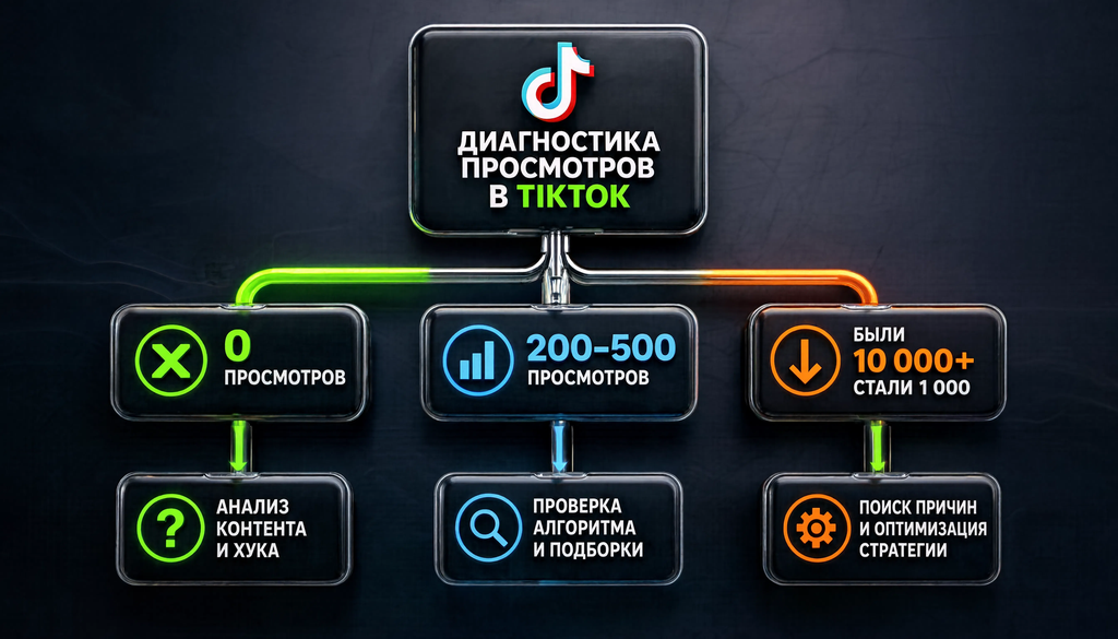 Диагностика просмотров в TikTok: дерево решений для анализа просмотров с действиями для каждого случая