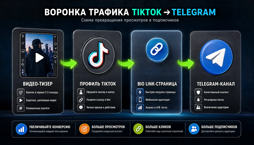Схема воронки трафика из TikTok в Telegram: видео, профиль, Bio Link, Telegram канал с конверсией и рекомендациями