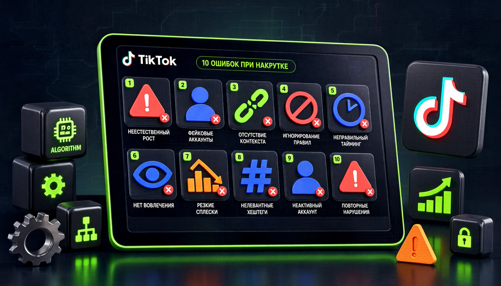 Инфографика 10 типичных ошибок при накрутке в TikTok с описанием каждой ошибки, последствий и способов исправления