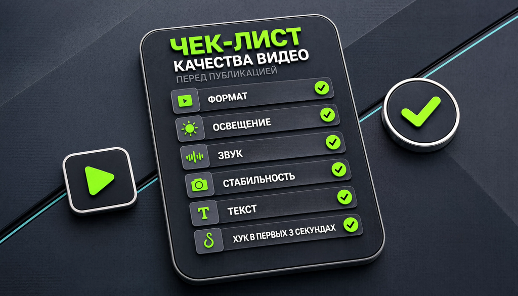 Инфографика чек-лист качества видео: формат, освещение, звук, стабильность, текст, хук в первых 3 секундах