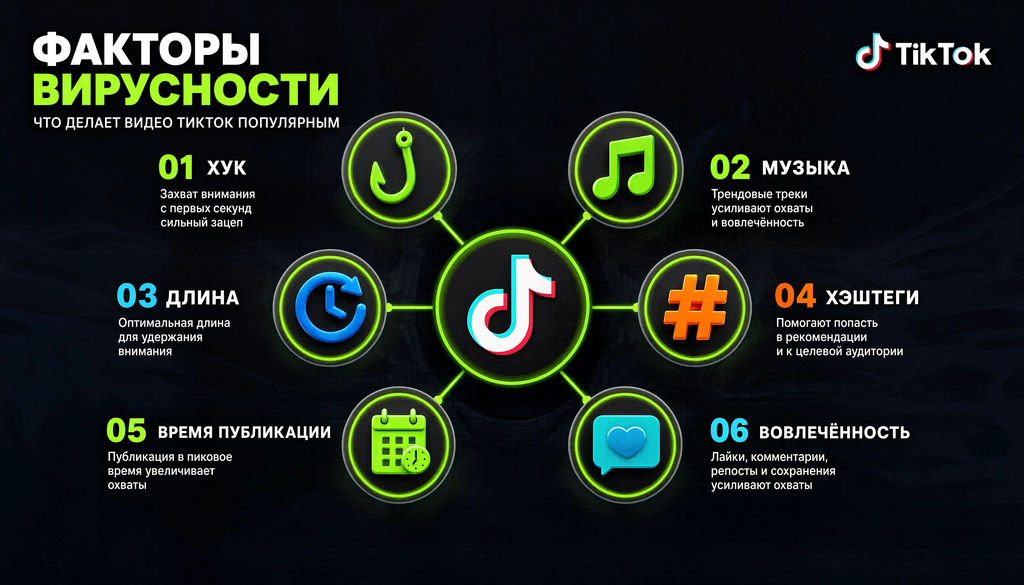 Схема факторов вирусности видео в TikTok: хук, музыка, длина, хэштеги, время публикации, вовлеченность
