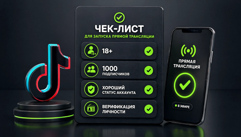 Чек-лист требований для запуска прямой трансляции в TikTok: возраст 18+, 1000 подписчиков, хороший статус аккаунта, верификация личности