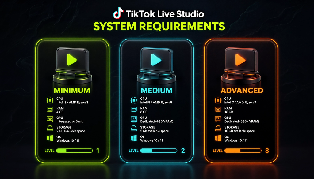 Три уровня системных требований для TikTok Live Studio: минимальный, средний и продвинутый. Помогает определить, потянет ли компьютер программу и какой уровень качества можно ожидать.