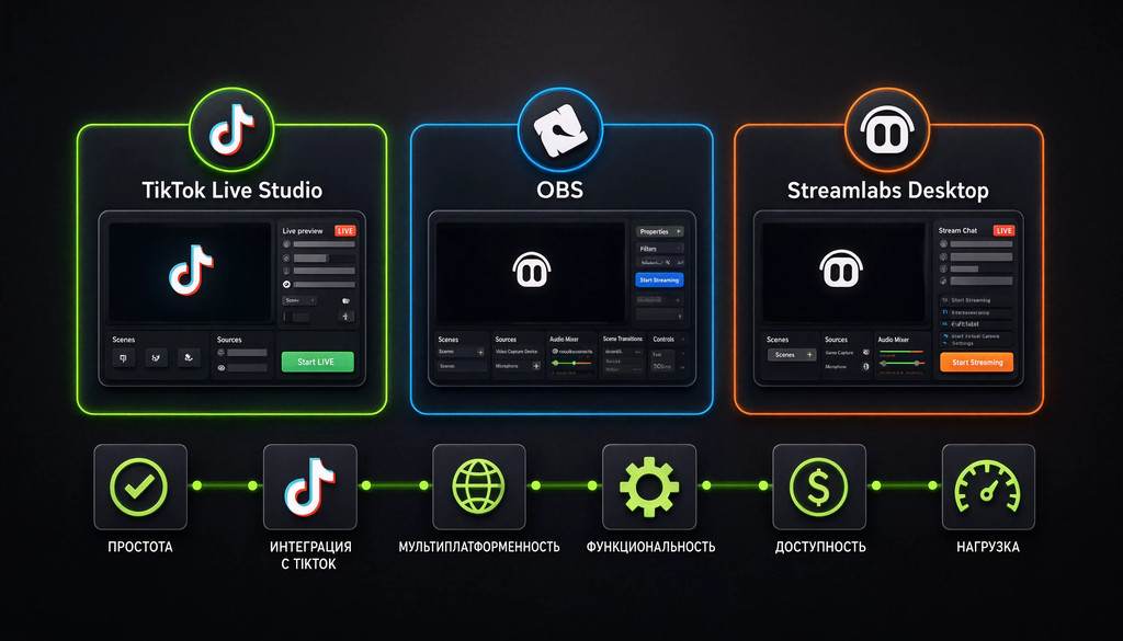 Сравнение TikTok Live Studio, OBS и Streamlabs Desktop по 6 критериям: простота, интеграция с TikTok, мультиплатформенность, функциональность, доступность, нагрузка. Помогает выбрать инструмент.
