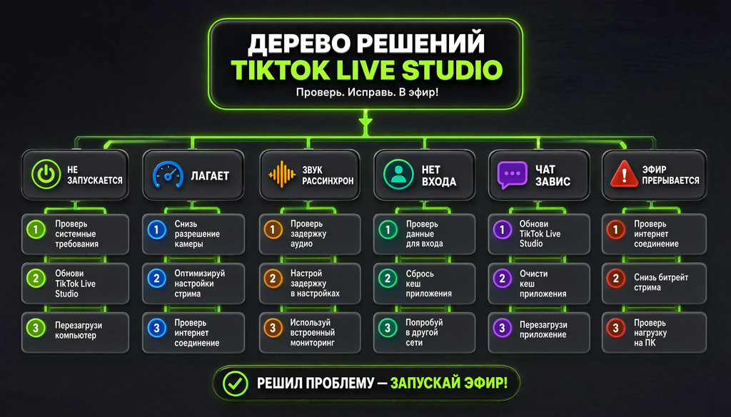 Дерево решений для устранения неполадок TikTok Live Studio: проблемы с запуском, лагами, звуком, входом, чатом и прерываниями эфира.