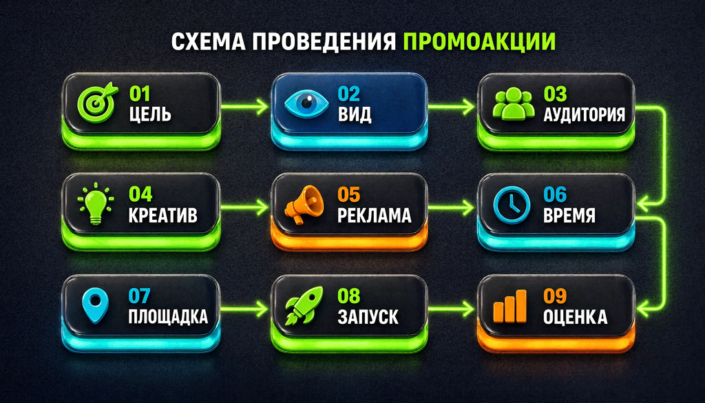 Пошаговая схема проведения промоакции: цель, вид, аудитория, креатив, реклама, время, площадка, запуск, оценка. Визуальная дорожная карта.