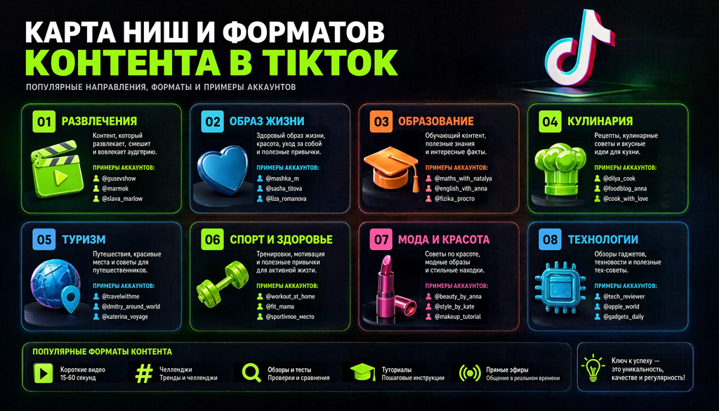 Infographic map of TikTok niches and content formats with icons, descriptions, and example accounts for 6-8 niches, helping readers choose their niche.