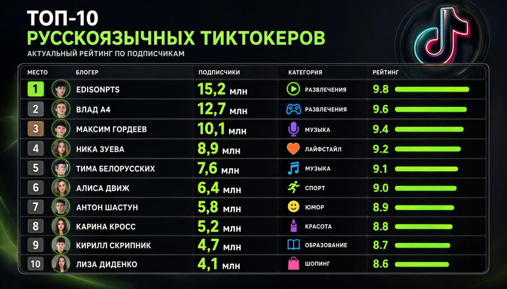 Топ-10 русскоязычных тиктокеров: инфографика с аватарами, никами, подписчиками, категориями контента и рейтингом