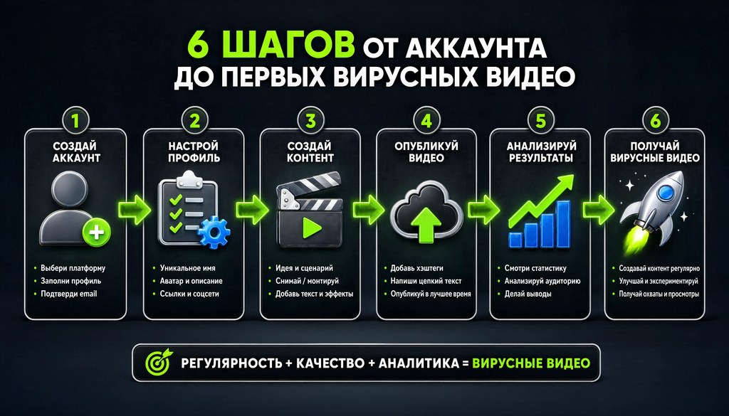 Схема 6 шагов от создания аккаунта до первых вирусных видео с иконками и стрелками перехода