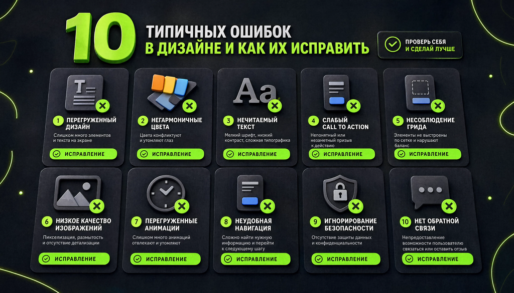 Инфографика: 10 типичных ошибок с признаками и способами исправления в формате карточек