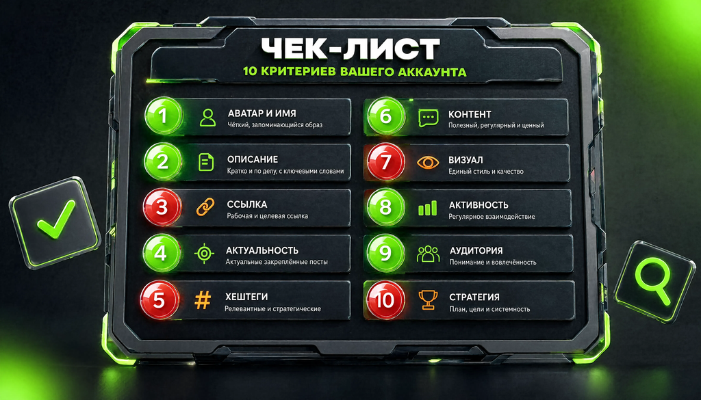 Инфографика-чек-лист из 10 пунктов для проверки аккаунта с индикаторами красный/зеленый и краткими критериями, позволяющая быстро найти слабые места.
