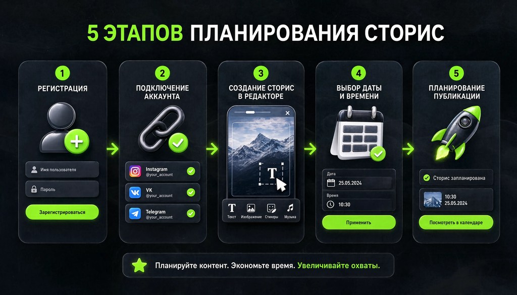 Схема последовательности шагов при планировании сторис: регистрация, подключение аккаунта, создание сторис в редакторе, выбор даты и времени, планирование публикации.