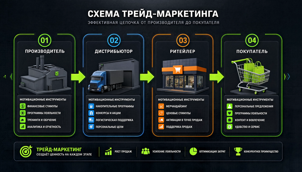 Схема цепочки поставок производитель дистрибьютор ритейлер покупатель с инструментами мотивации трейд-маркетинга на каждом этапе