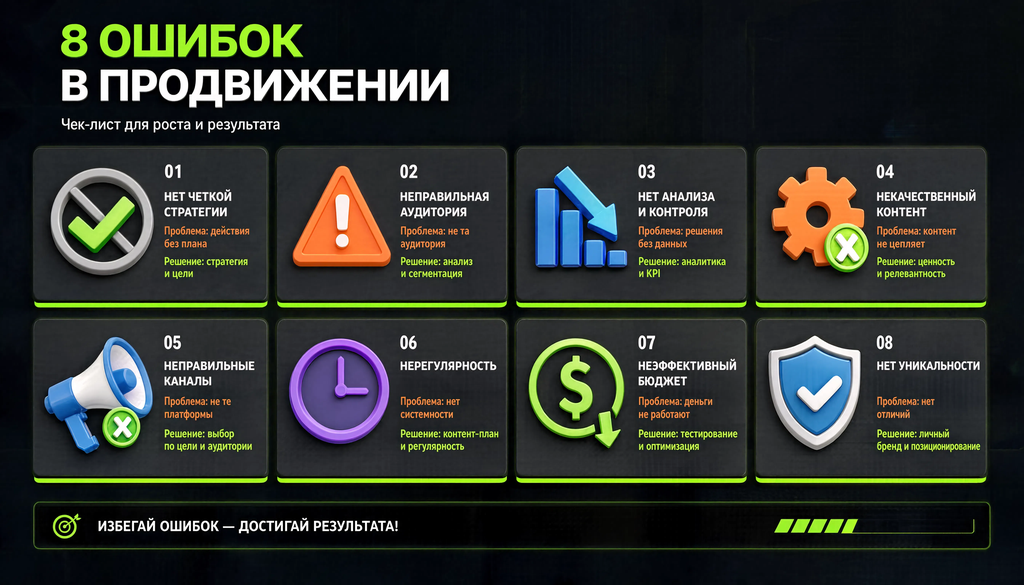 Чек-лист типичных ошибок: 8 пунктов с кратким описанием проблемы и способом исправления