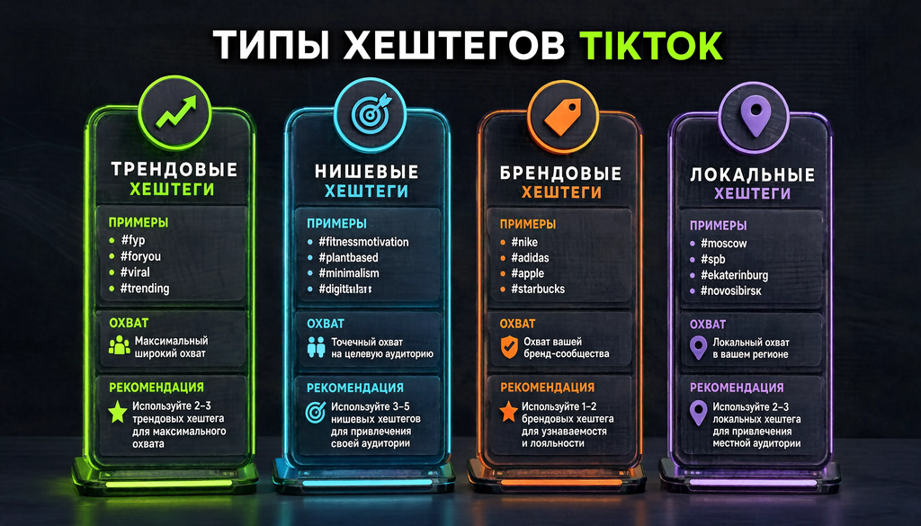 Сравнительная иллюстрация типов хештегов TikTok: трендовые, нишевые, брендовые, локальные с примерами, охватом и рекомендациями
