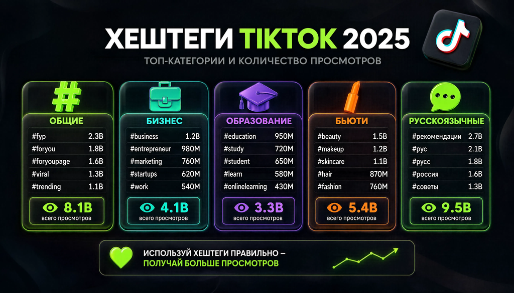 Инфографика с топ хештегами TikTok 2025 по категориям: общие, бизнес, образование, бьюти, русскоязычные, с количеством просмотров