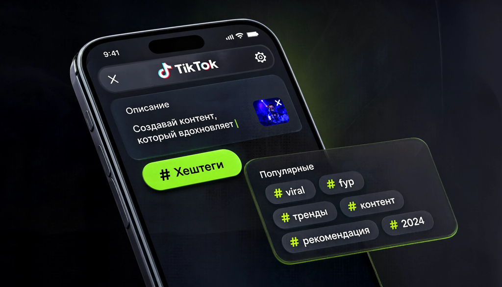 Интерфейс TikTok для добавления хештегов: поле описания, кнопка хештегов и подсказки популярных тегов