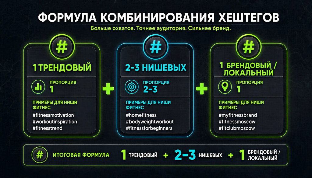 Инфографика: формула комбинирования хештегов — 1 трендовый + 2-3 нишевых + 1 брендовый/локальный, с примерами для ниши