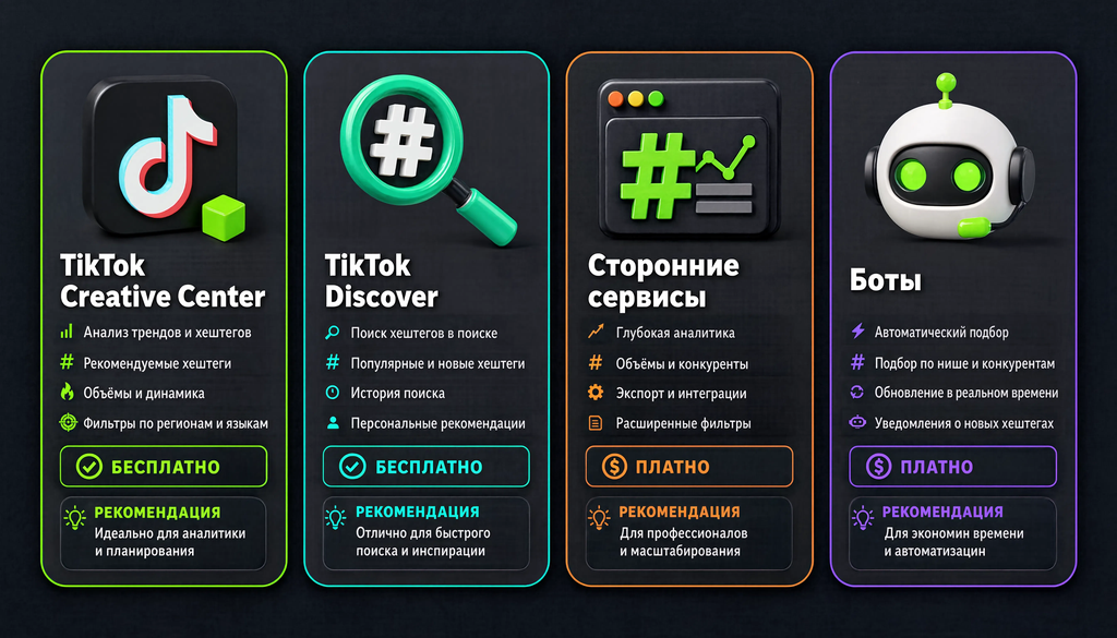 Сравнение инструментов для поиска хештегов TikTok: Creative Center, Discover, сторонние сервисы и боты. Таблица с функциями и рекомендациями.