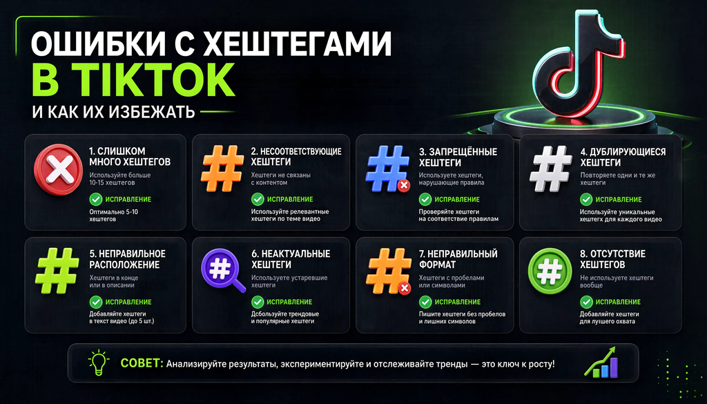 Инфографика: типичные ошибки с хештегами в TikTok и как их избежать, чек-лист из 6-8 пунктов с иконками и описанием