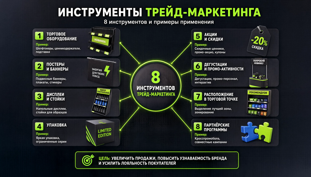 Схема инструментов трейд-маркетинга: 8 инструментов с примерами применения