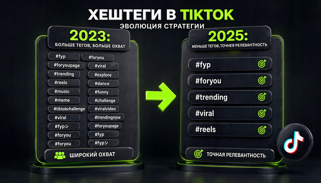 Сравнительная иллюстрация хештегов TikTok: 2023 — больше тегов, больше охват; 2025 — меньше тегов, точнее релевантность.