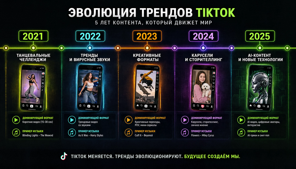 Таймлайн эволюции трендов TikTok с 2021 по 2025 год: от танцевальных челленджей до AI-контента