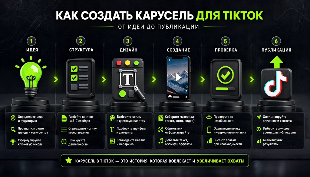 Схема процесса создания карусели для TikTok из 6 этапов с ключевыми действиями и инструментами