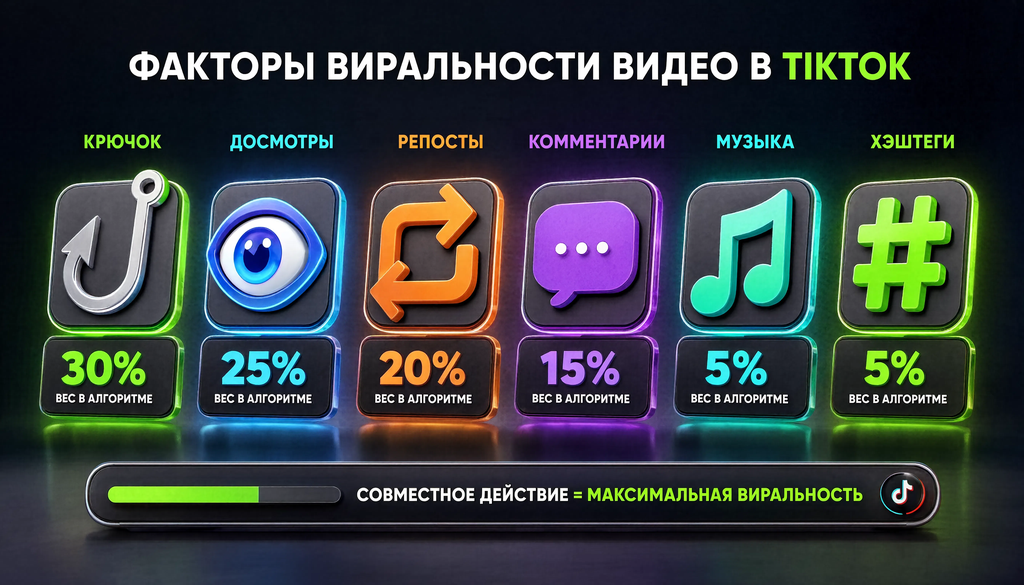 Сравнительная иллюстрация факторов виральности видео в TikTok: крючок, досмотры, репосты, комментарии, музыка, хэштеги с оценкой их веса в алгоритме