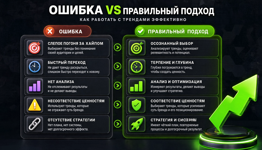 Сравнительная иллюстрация: 5–6 ключевых ошибок при работе с трендами и правильный подход к каждой ошибке, две колонки: ошибка и правильный подход