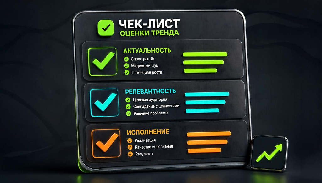 Инфографика чек-лист оценки тренда для аккаунта с блоками актуальность, релевантность, исполнение