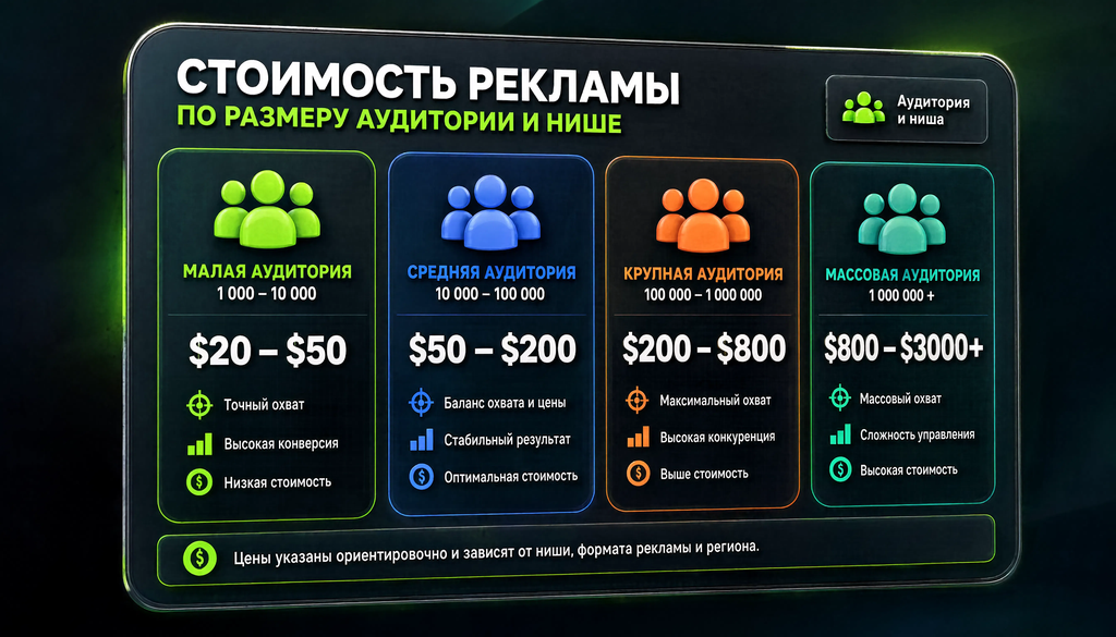 Инфографика стоимости рекламы по размеру аудитории и нише: диапазоны цен и факторы для оценки тарифов