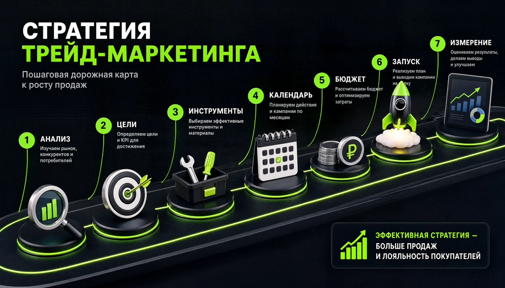 Пошаговая схема разработки стратегии трейд-маркетинга: анализ, цели, инструменты, календарь, бюджет, запуск, измерение. Визуальная дорожная карта.